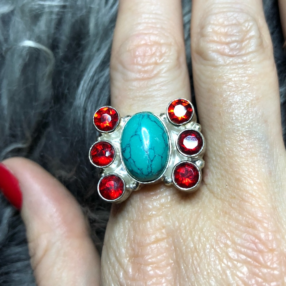 Turquoise Red Crystal 925 Silver Statement Ring
